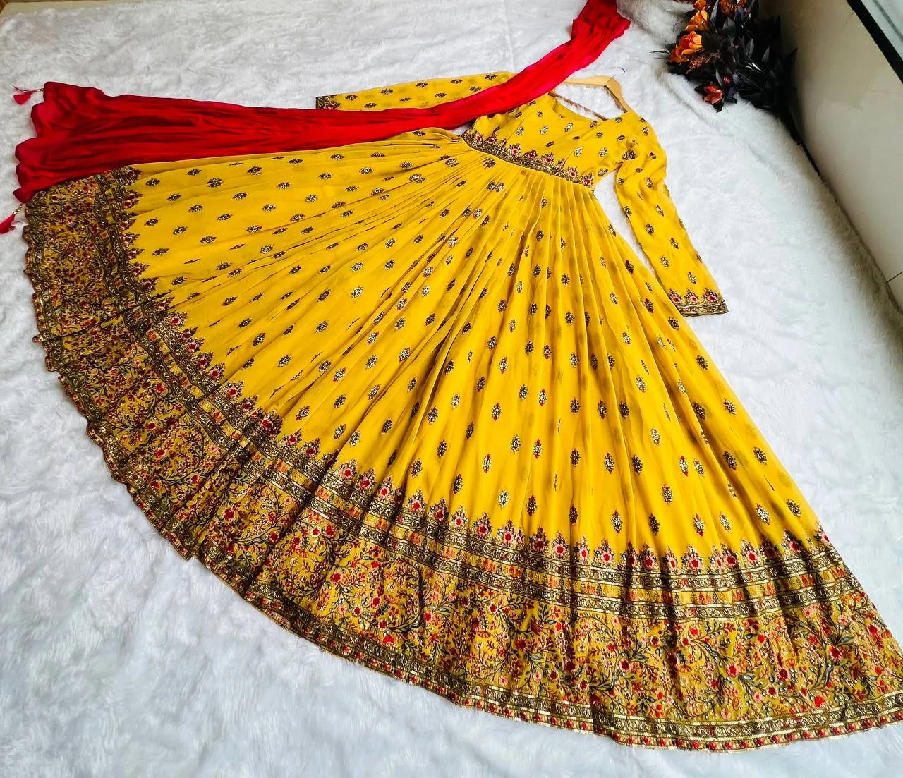 Stylish Yellow Color Embroidery Work Gown