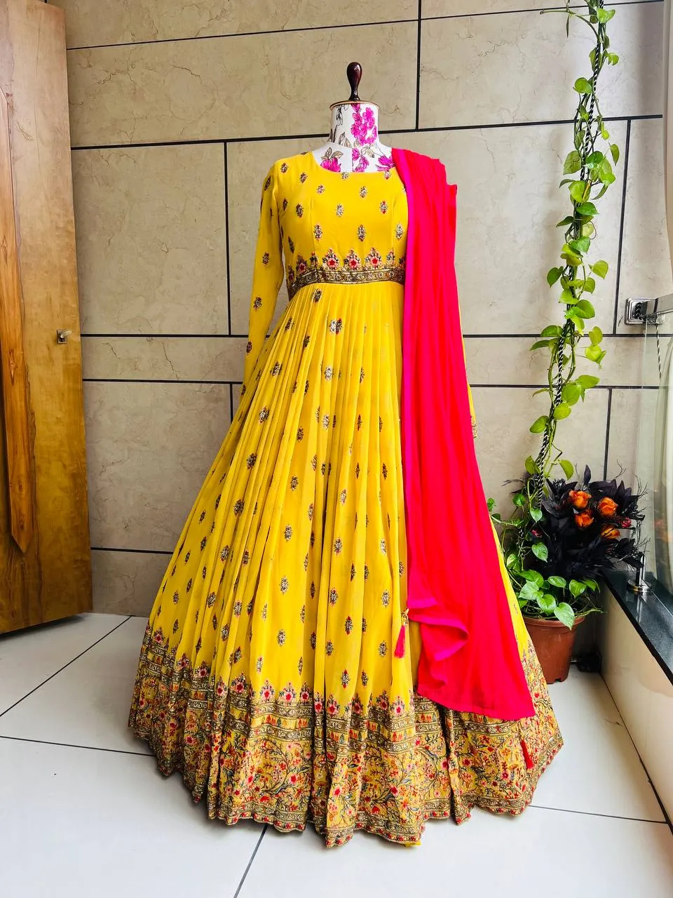 Stylish Yellow Color Embroidery Work Gown