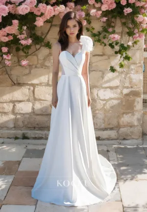 Sweetheart A-Line One Shoulder Sleeveless Train Satin Wedding Dress with Floral Embossed Bridal Gown