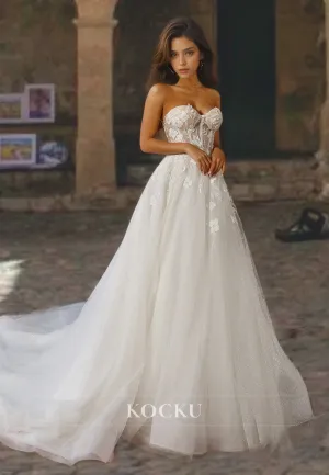 Sweetheart A-Line Sleeveless Tulle Appliques Wedding Dress with Court Train Bridal Dress