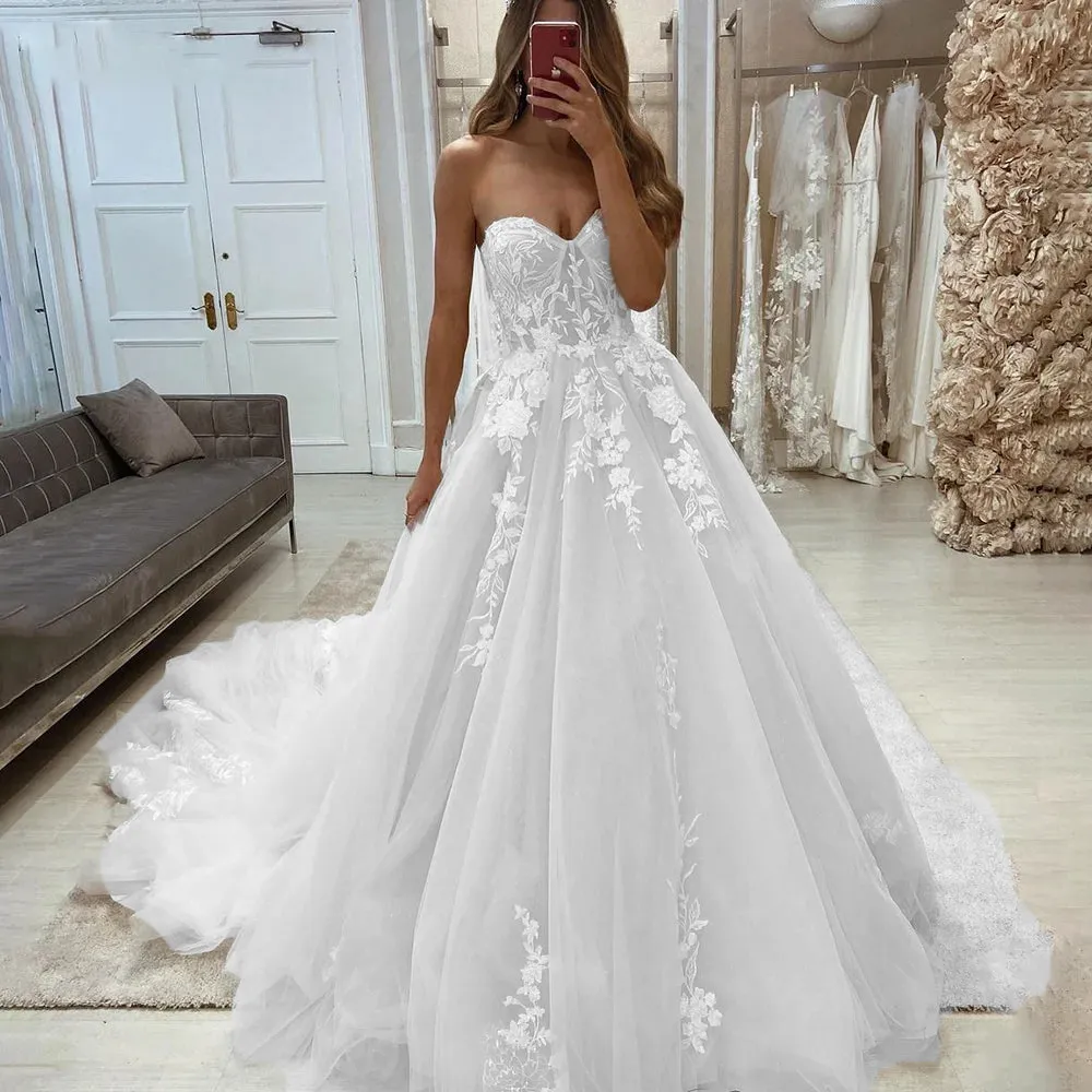 Sweetheart Lace Wedding Dress Princess Sleeveless Appliques Elegant Long Boho Prom Bridal Gown