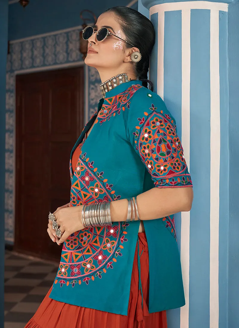 Teal And Red Kutchi Embroidered Chaniya Choli