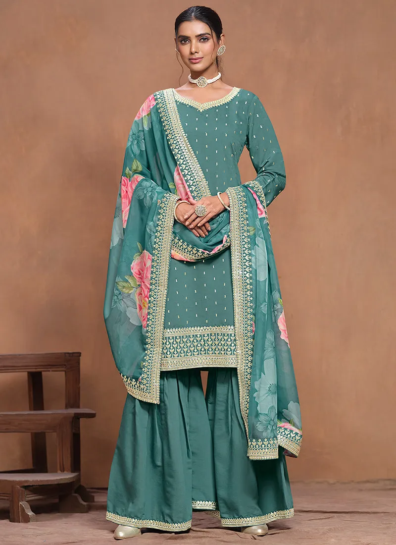 Teal Blue Embroidered Silk Gharara Suit