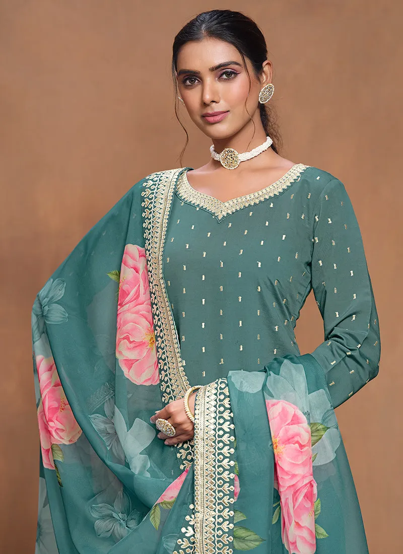 Teal Blue Embroidered Silk Gharara Suit