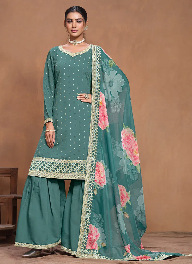 Teal Blue Embroidered Silk Gharara Suit