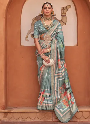 Teal Blue Multi Digital Printed Fancy Floral Silk Saree