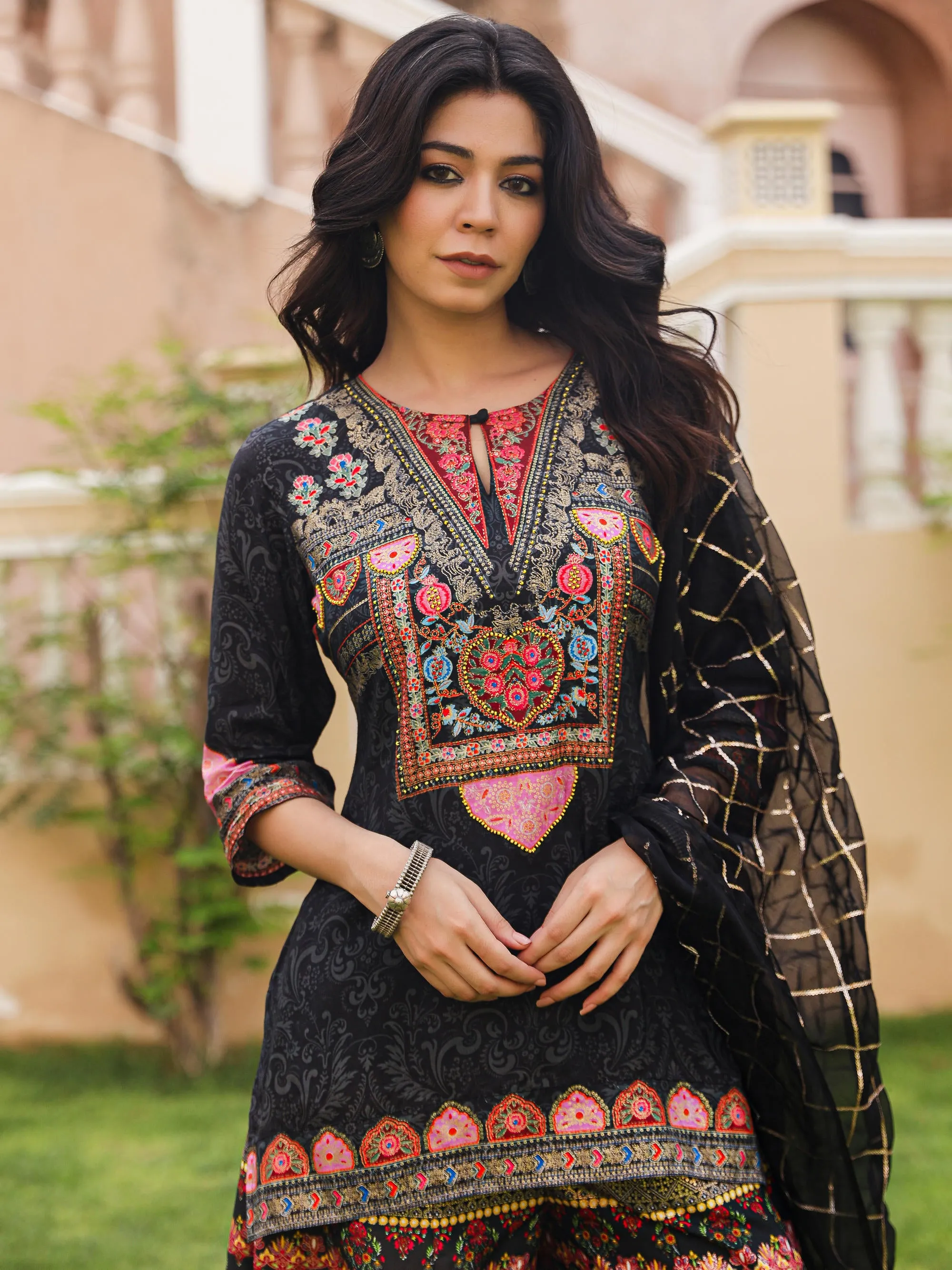 The Dholitaro Black Ethnic Motif Printed Viscose Tunic Sharara & Dupatta Set With Sequins Thread Work