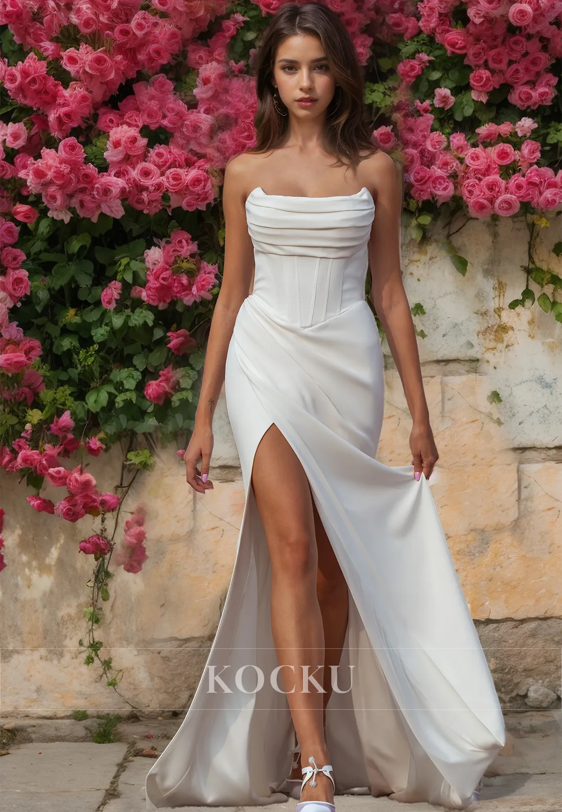 Tube Top Sleeveless Sheath Stripe Sweep Train Ruched Satin Wedding Dress with Slit Bridal Gowns