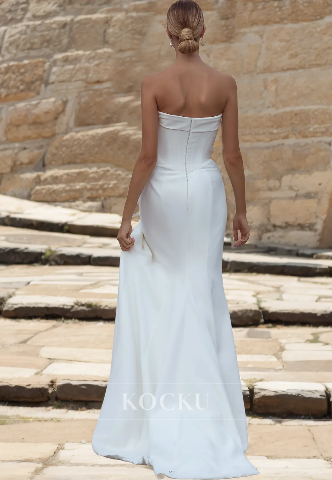 Tube Top Sleeveless Sheath Stripe Sweep Train Ruched Satin Wedding Dress with Slit Bridal Gowns