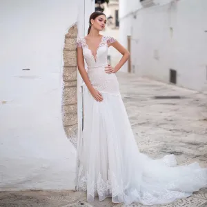 Tulle Mermaid Wedding Dress with Button Back Beaded Waist Luxury Bridal Gown