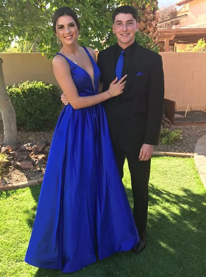 V-neck A-line Royal Blue Prom Dresses Long