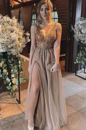 V Neck Champagne Sequins Long Prom Dress with High Slit,Sequined Formal Graduation Evening Dresses