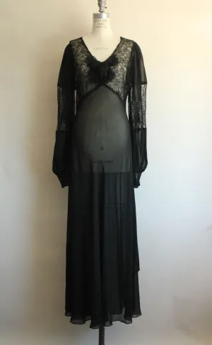 Vintage 1930s Black Chiffon and Lace Full Length Gown