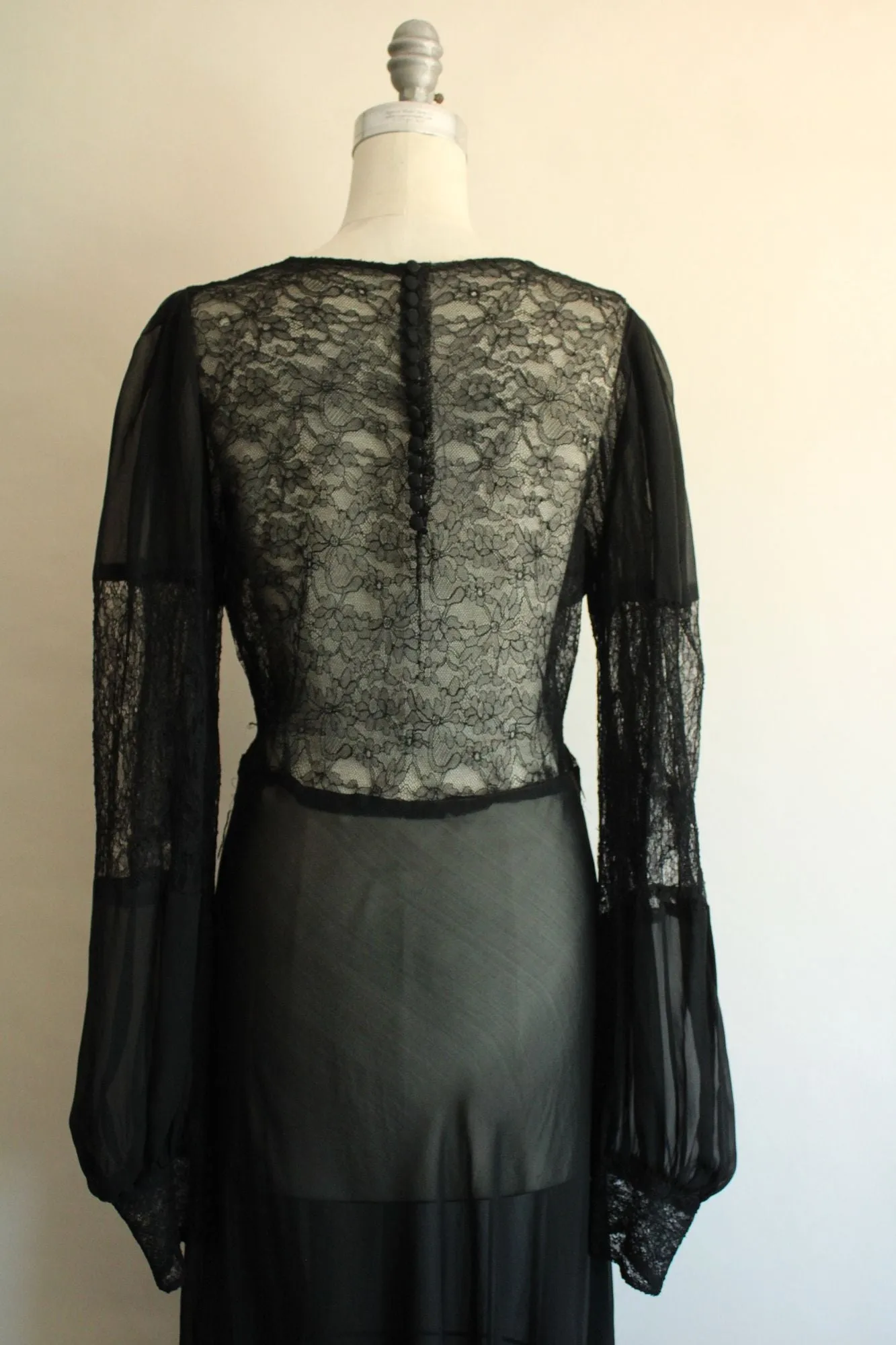 Vintage 1930s Black Chiffon and Lace Full Length Gown