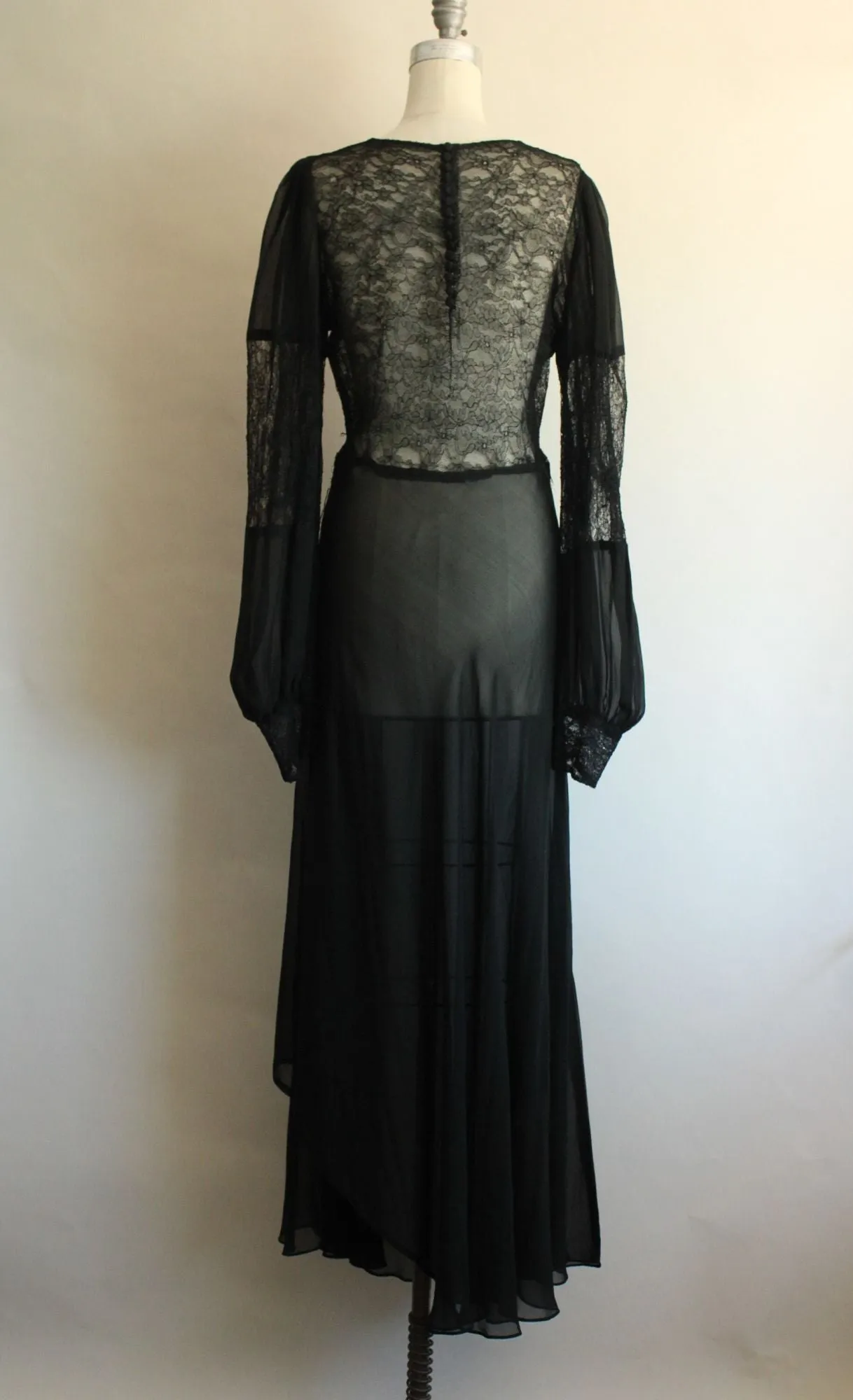 Vintage 1930s Black Chiffon and Lace Full Length Gown