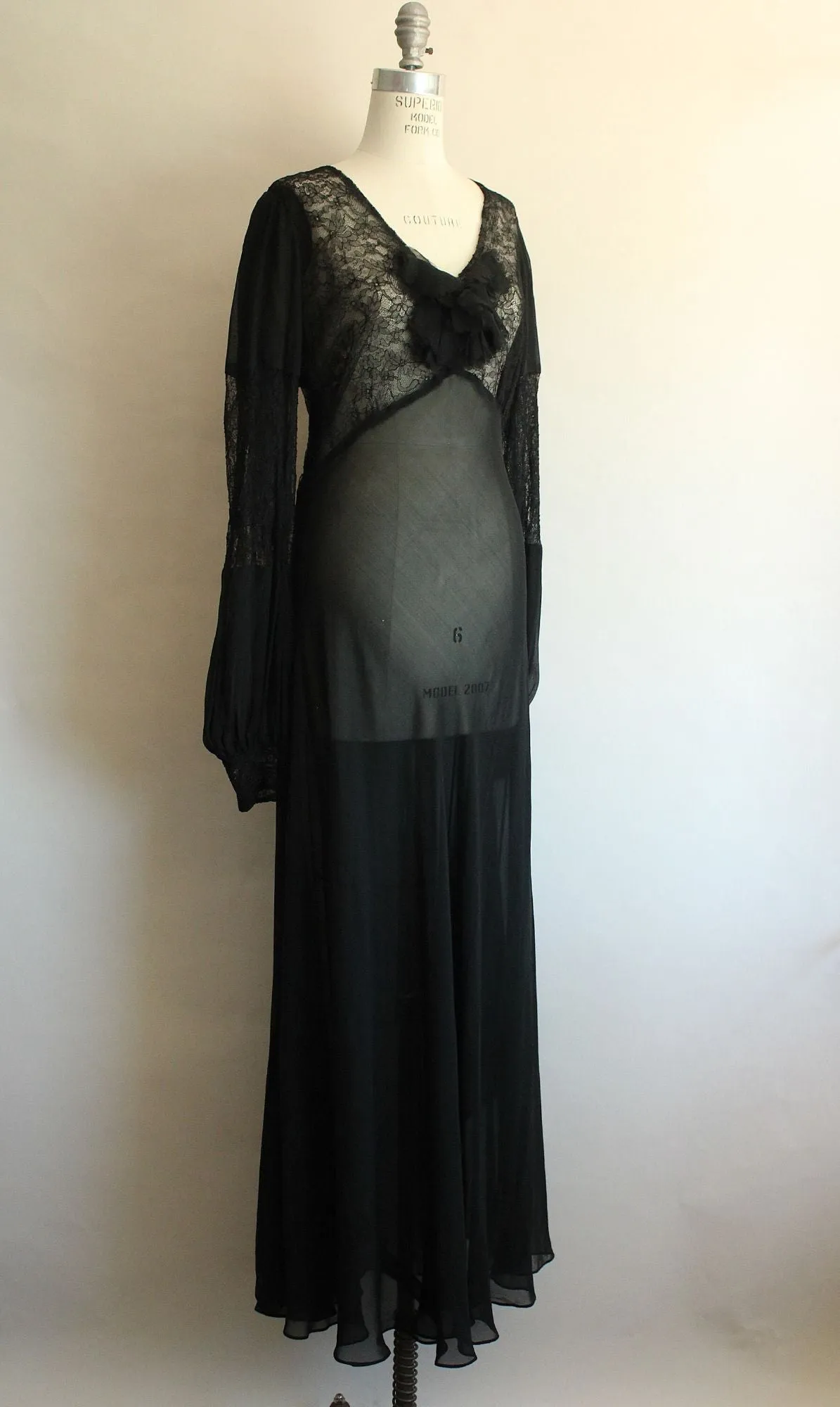 Vintage 1930s Black Chiffon and Lace Full Length Gown