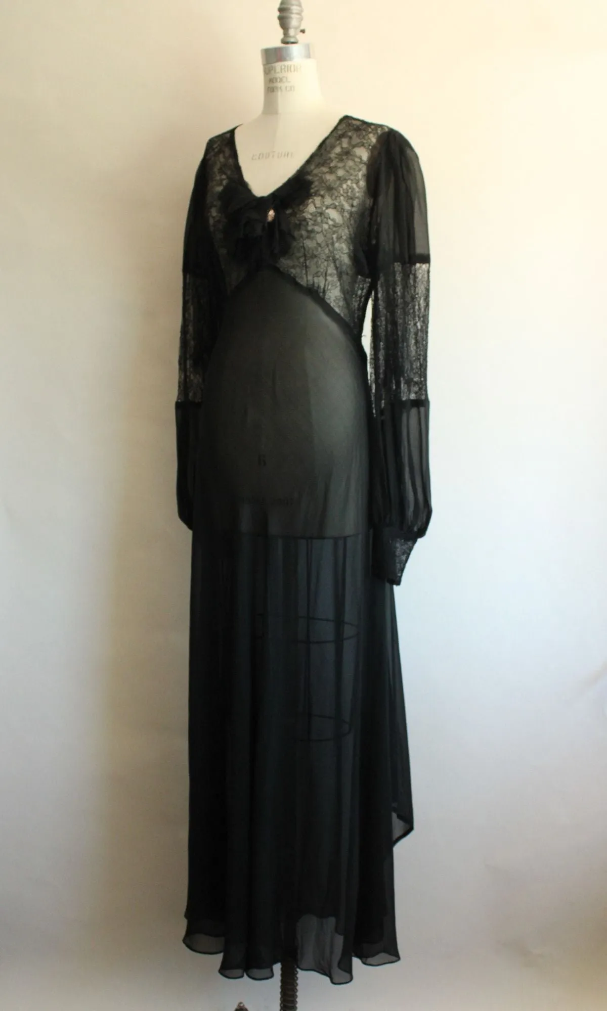 Vintage 1930s Black Chiffon and Lace Full Length Gown