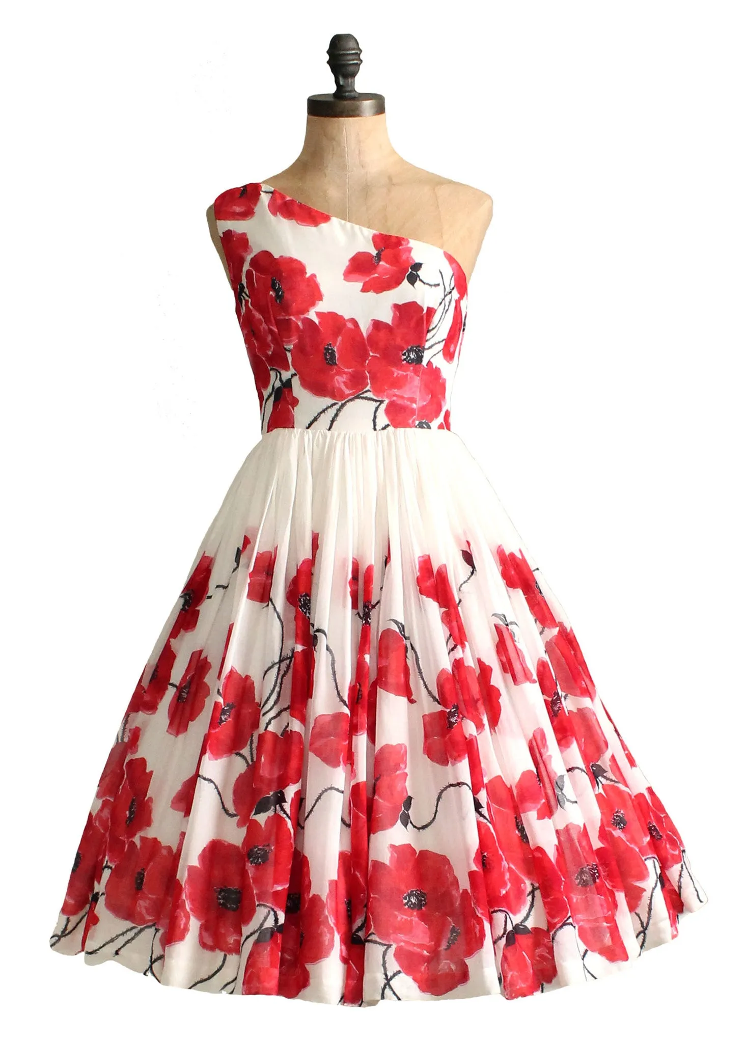 Vintage 1950s Poppies Floral One Shoulder Party Dress