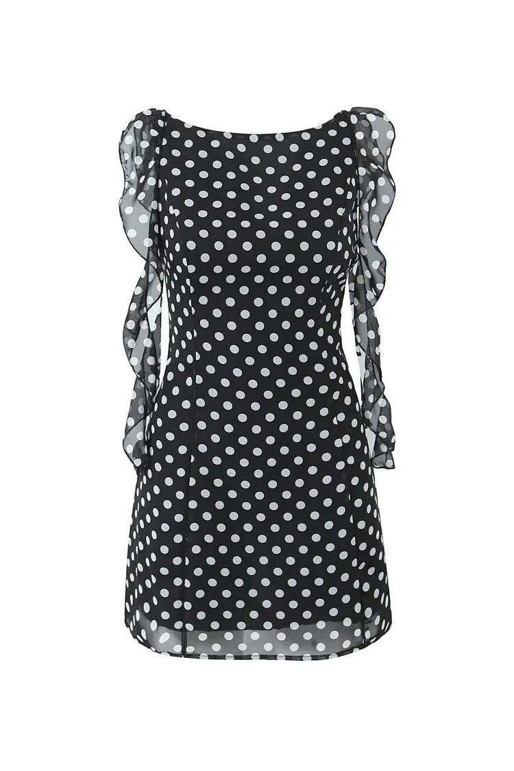 Vintage Polka Dot Crew Neck Draped Ruffle Backless Chiffon Mini Sundress