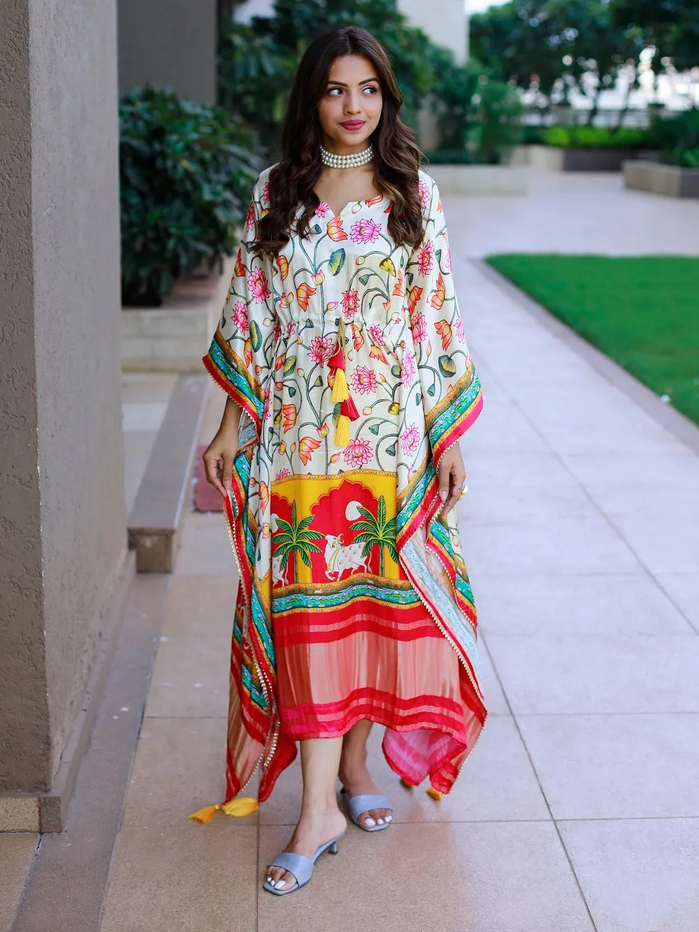 White Color Digital Printed Pure Gaji Silk Kaftan Dresses