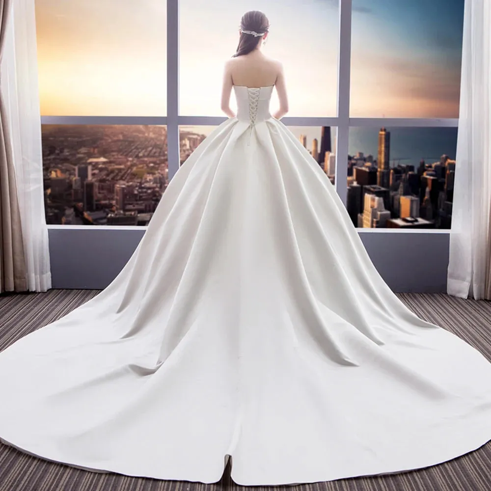 White Satin A-Line Off-Shoulder Wedding Dress – Elegant & Simple Bridal Gown