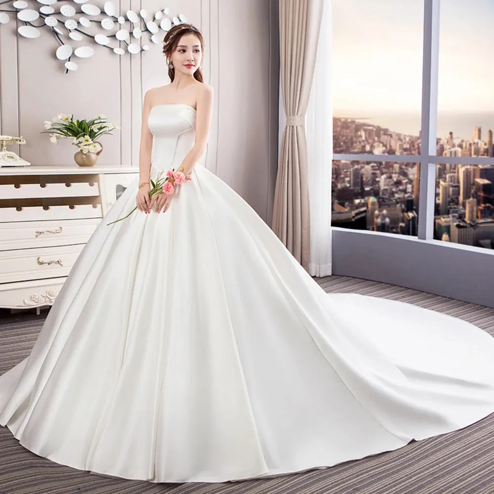 White Satin A-Line Off-Shoulder Wedding Dress – Elegant & Simple Bridal Gown