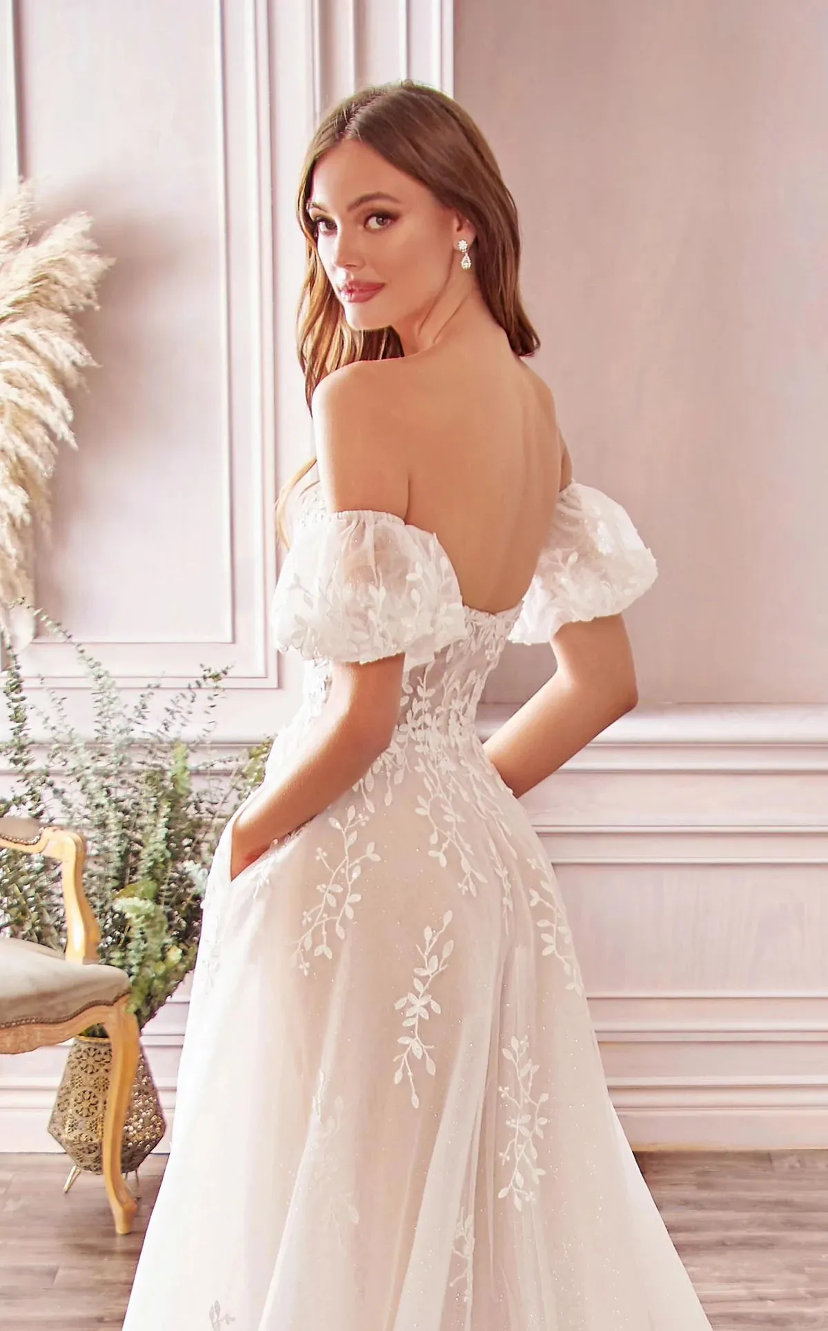 Willow Lace Sparkly Off Shoulder Wedding Dress: Off White