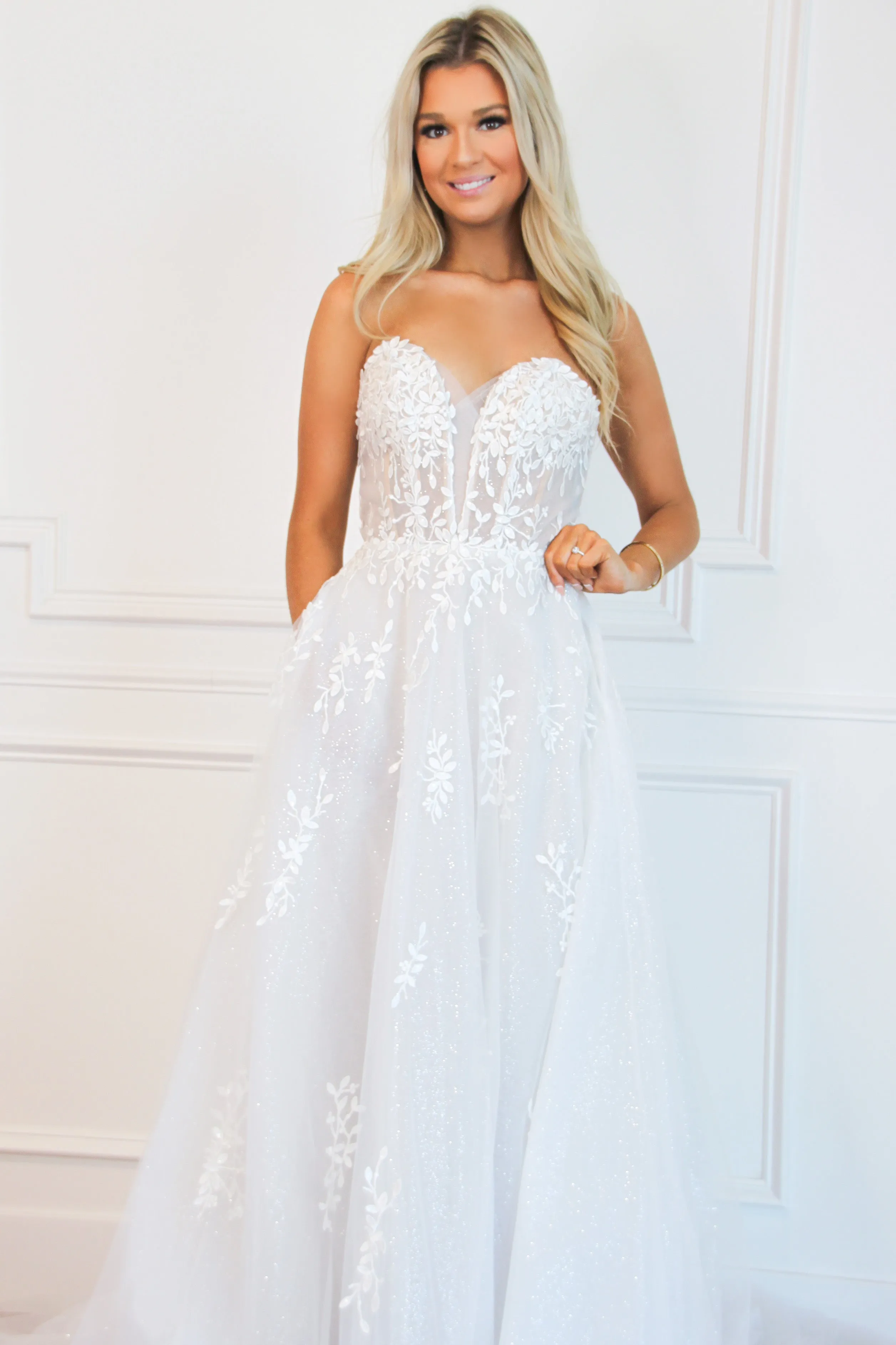 Willow Lace Sparkly Off Shoulder Wedding Dress: Off White