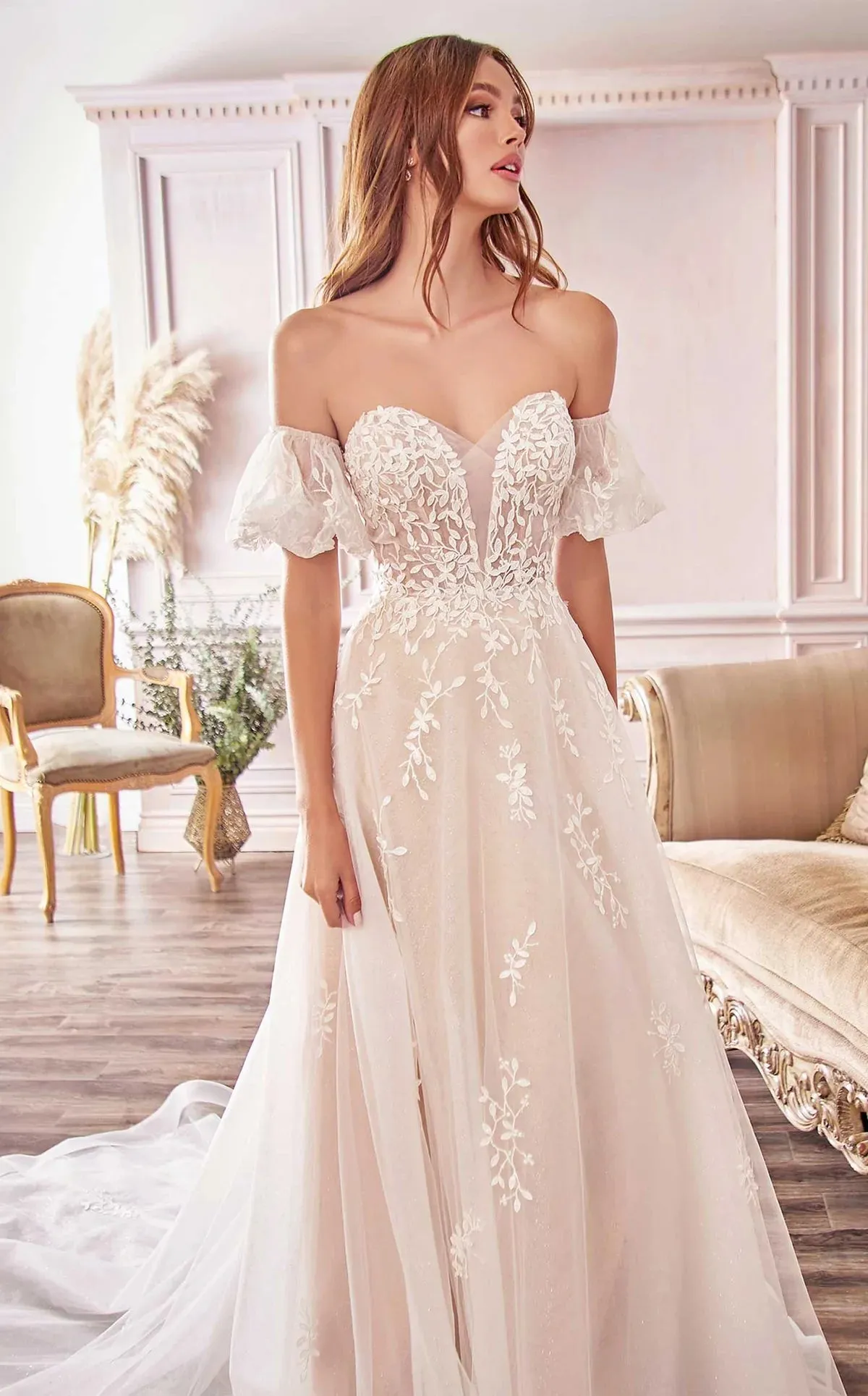 Willow Lace Sparkly Off Shoulder Wedding Dress: Off White