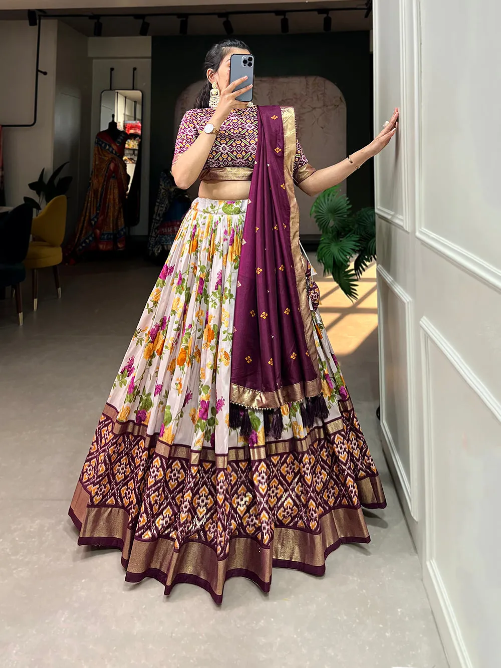 Wine Color Floral And Patola Printed With Foil Work Tussar Silk Wedding Lehenga Choli