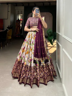 Wine Color Floral And Patola Printed With Foil Work Tussar Silk Wedding Lehenga Choli