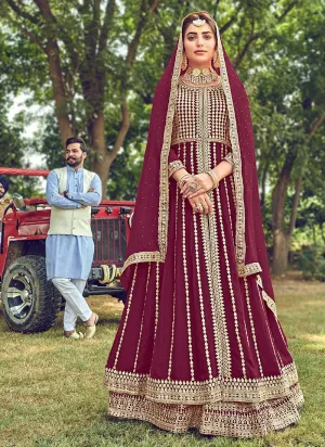 Wine Embroidered Slit Style Anarkali Lehenga Suit