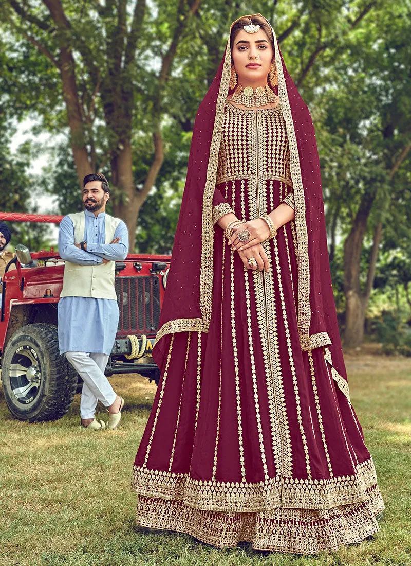 Wine Embroidered Slit Style Anarkali Lehenga Suit