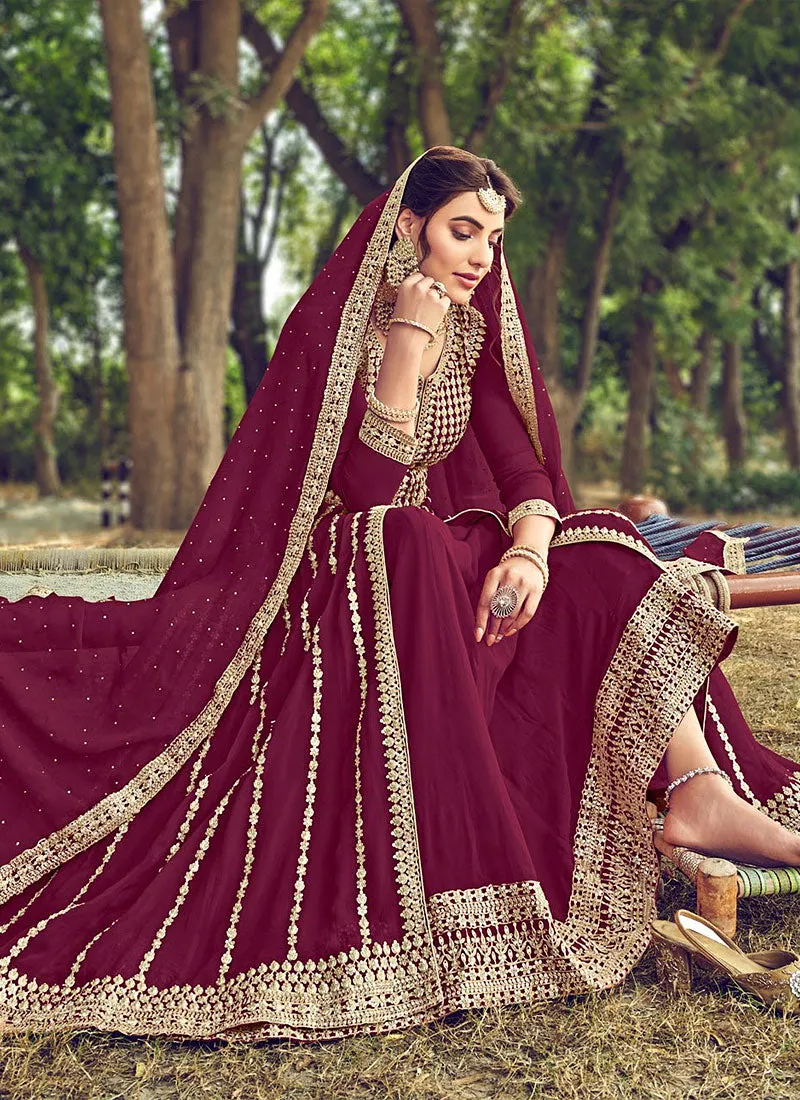 Wine Embroidered Slit Style Anarkali Lehenga Suit