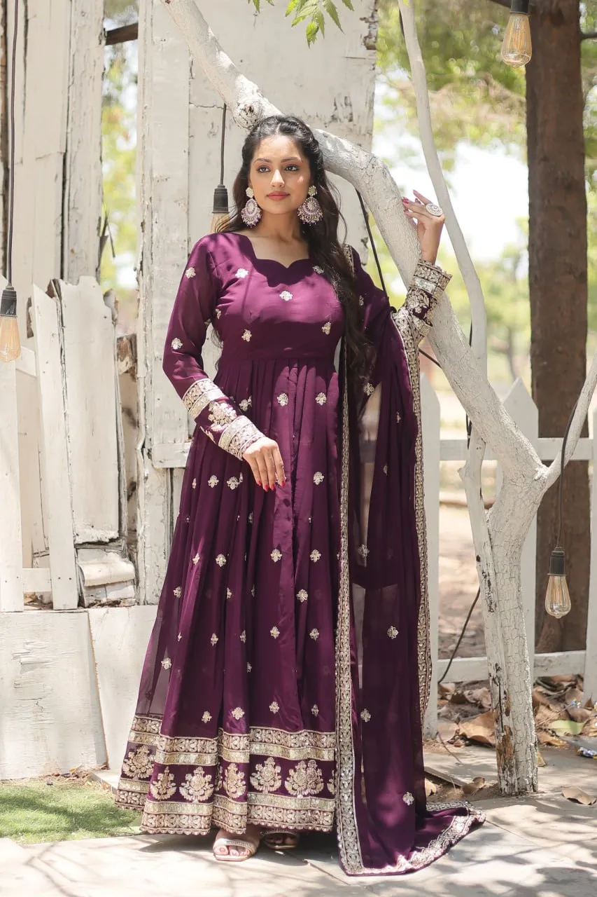 Wine Faux Blooming Gown with Sequins Embroidery and Dupatta