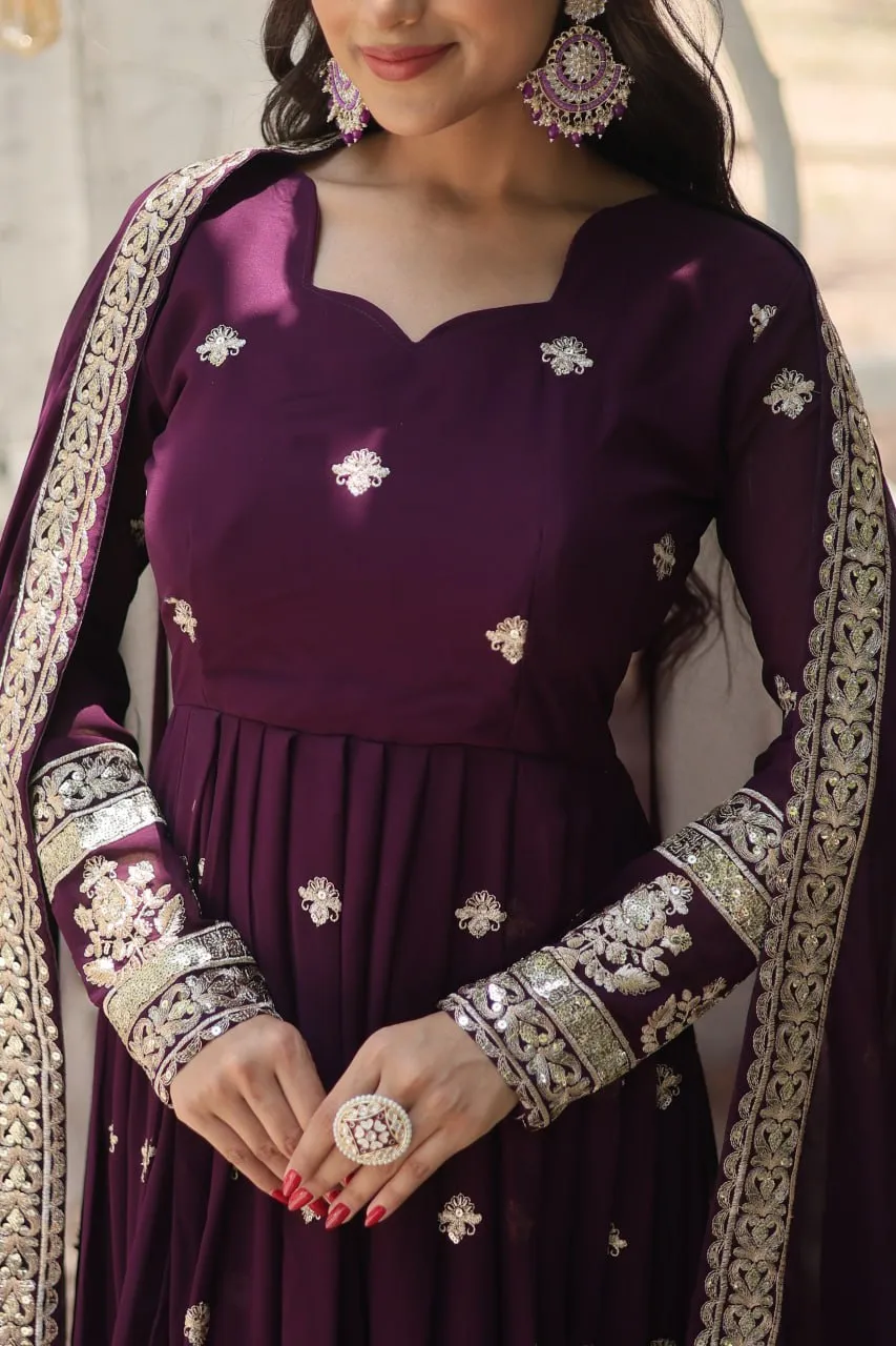 Wine Faux Blooming Gown with Sequins Embroidery and Dupatta