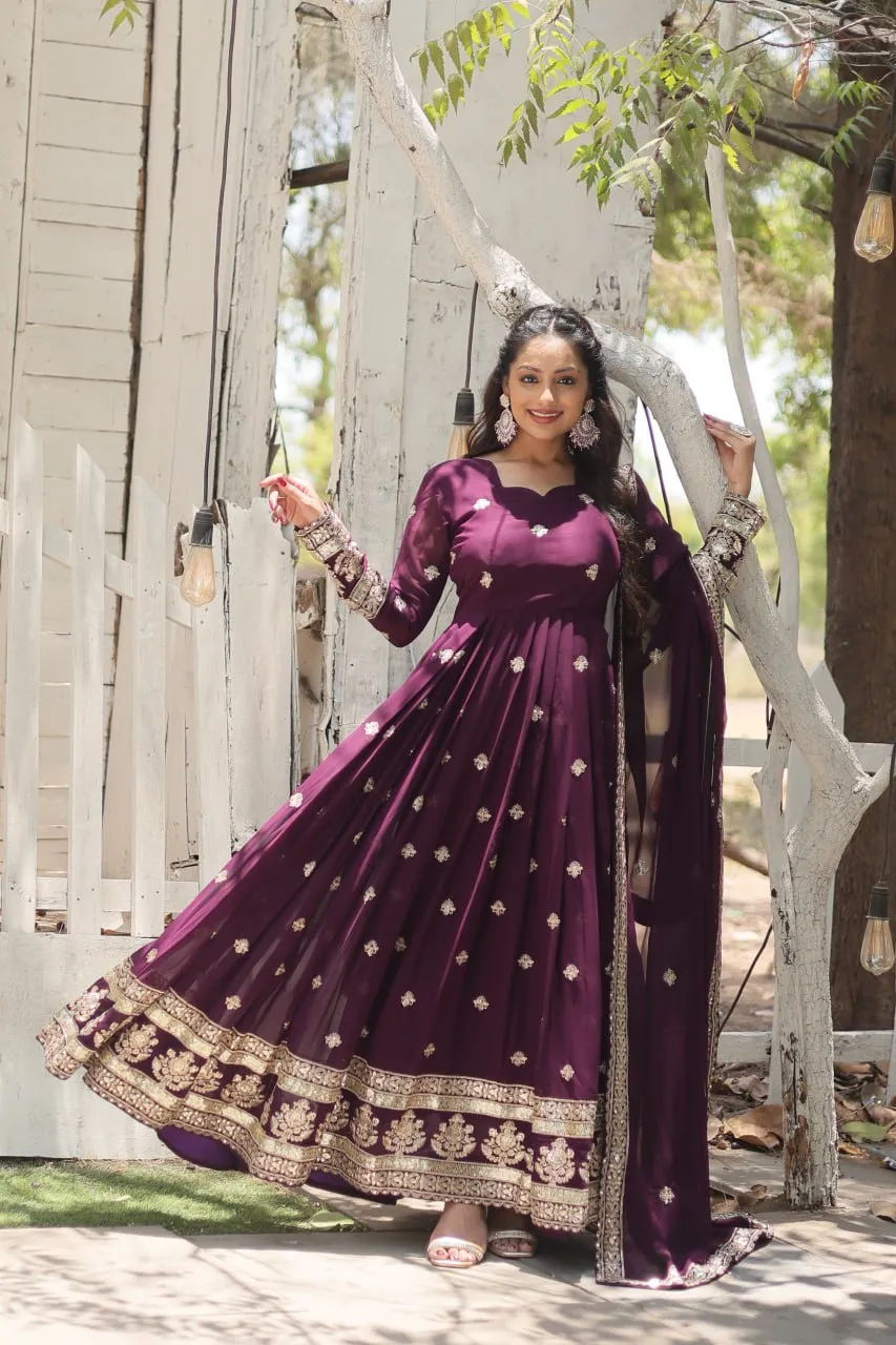 Wine Faux Blooming Gown with Sequins Embroidery and Dupatta