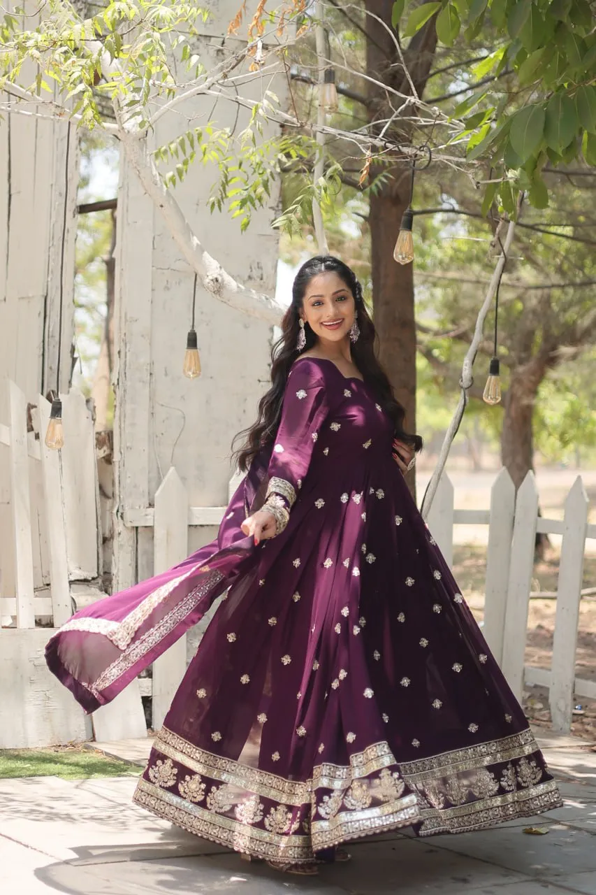 Wine Faux Blooming Gown with Sequins Embroidery and Dupatta