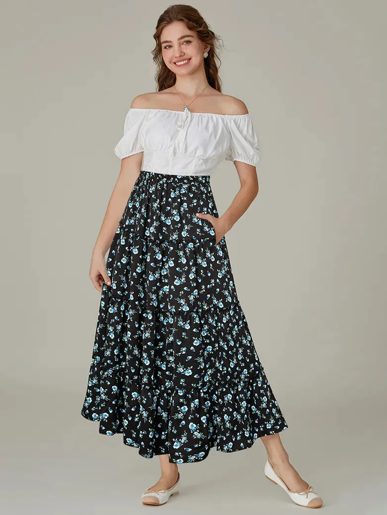 Women Renaissance Pocket Skirt Tiered Swing Maxi Skirt