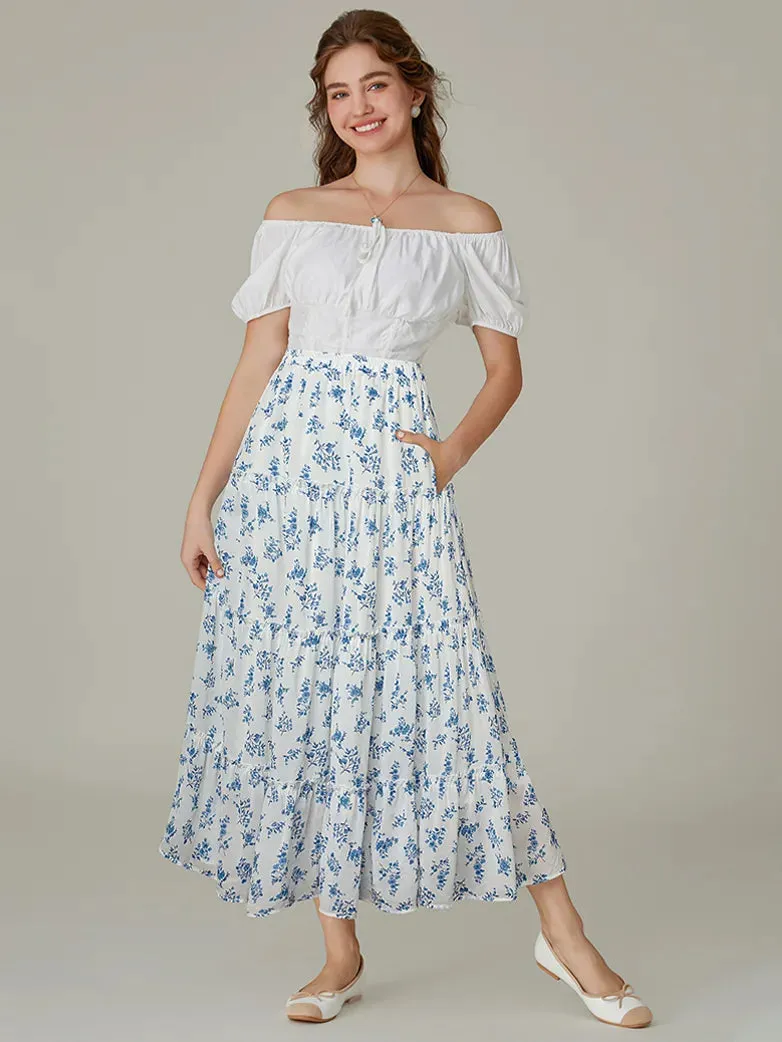 Women Renaissance Pocket Skirt Tiered Swing Maxi Skirt