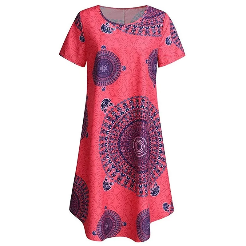 Womens Irregular Dot Print Short-sleeved Boho Loose Dress