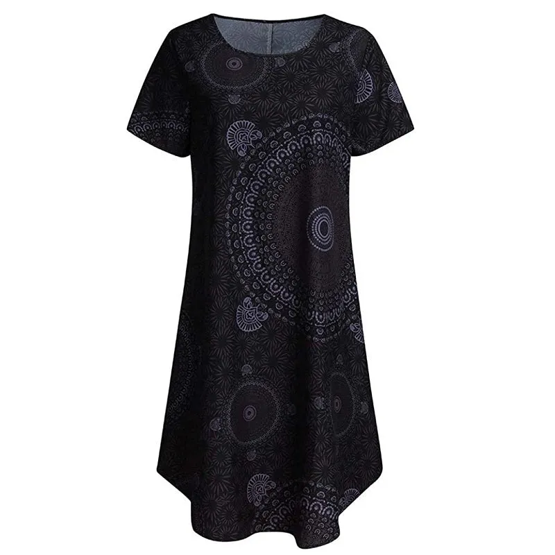 Womens Irregular Dot Print Short-sleeved Boho Loose Dress