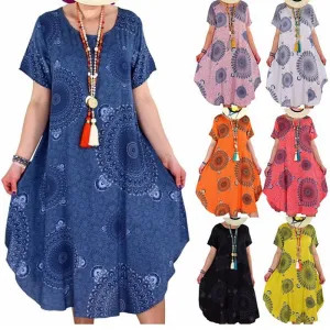 Womens Irregular Dot Print Short-sleeved Boho Loose Dress