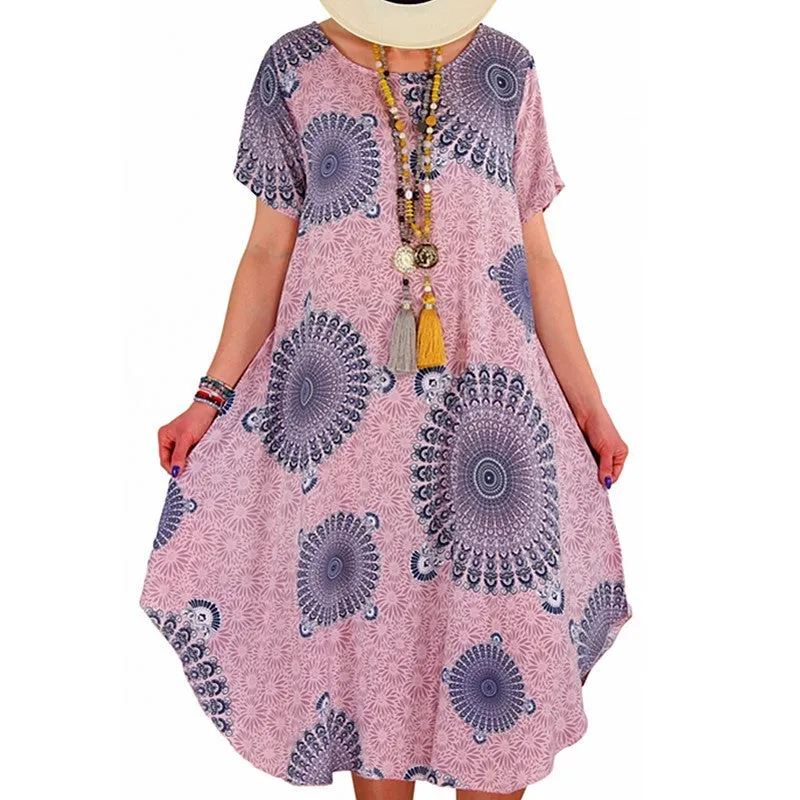 Womens Irregular Dot Print Short-sleeved Boho Loose Dress