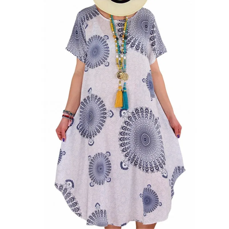 Womens Irregular Dot Print Short-sleeved Boho Loose Dress