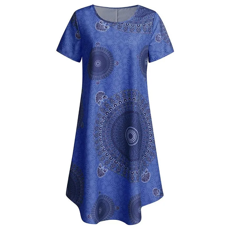 Womens Irregular Dot Print Short-sleeved Boho Loose Dress