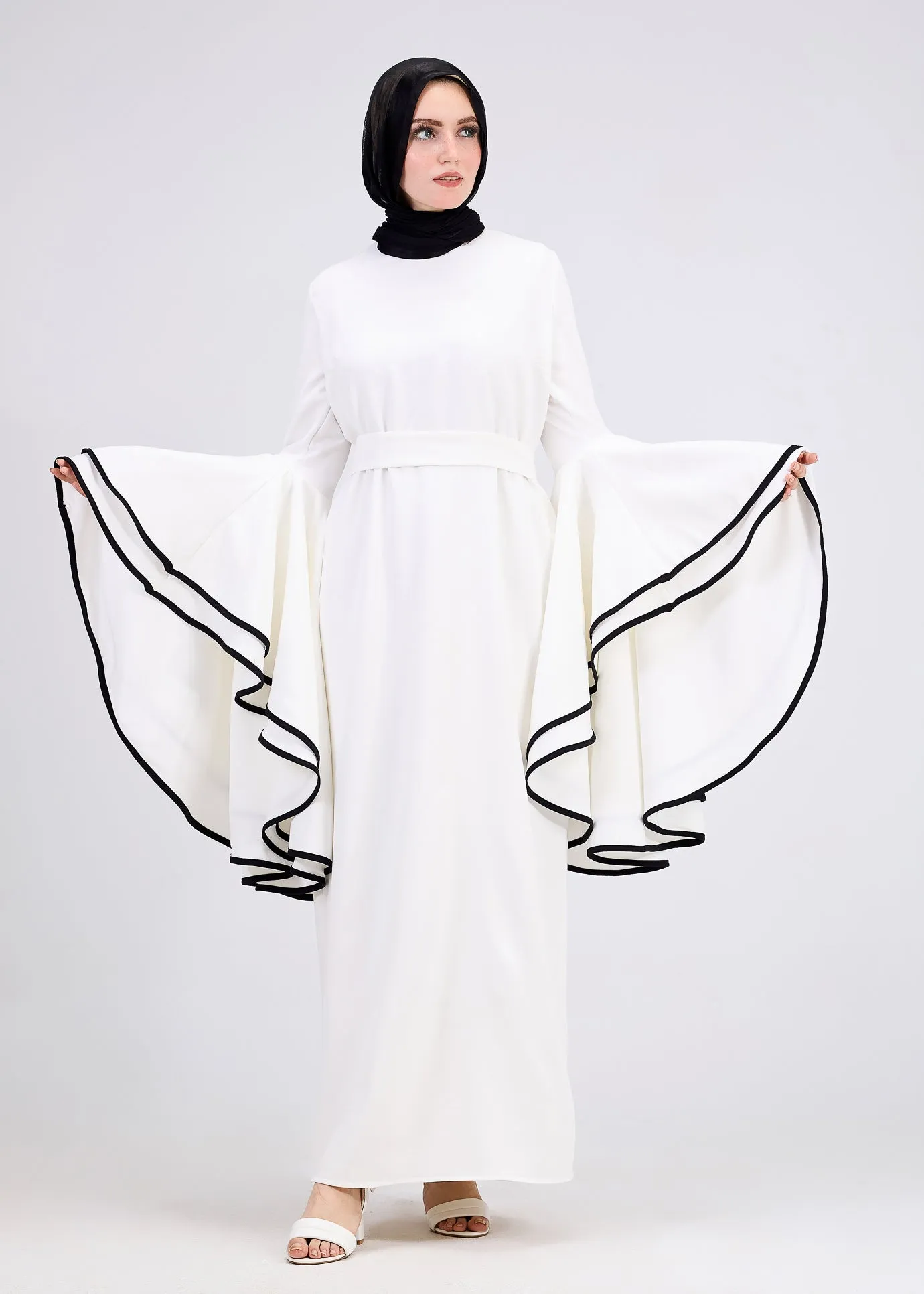 Wurood Elegant White Flared Sleeve Modest Dress with Black Trim