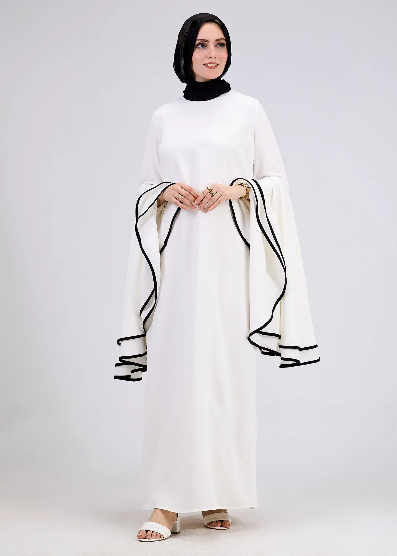 Wurood Elegant White Flared Sleeve Modest Dress with Black Trim