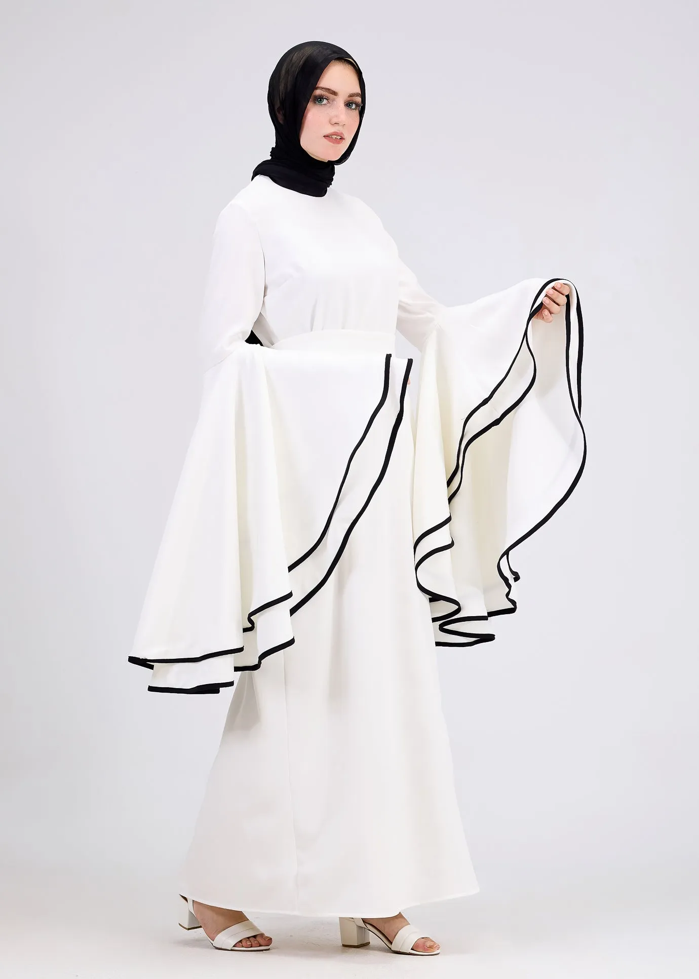 Wurood Elegant White Flared Sleeve Modest Dress with Black Trim