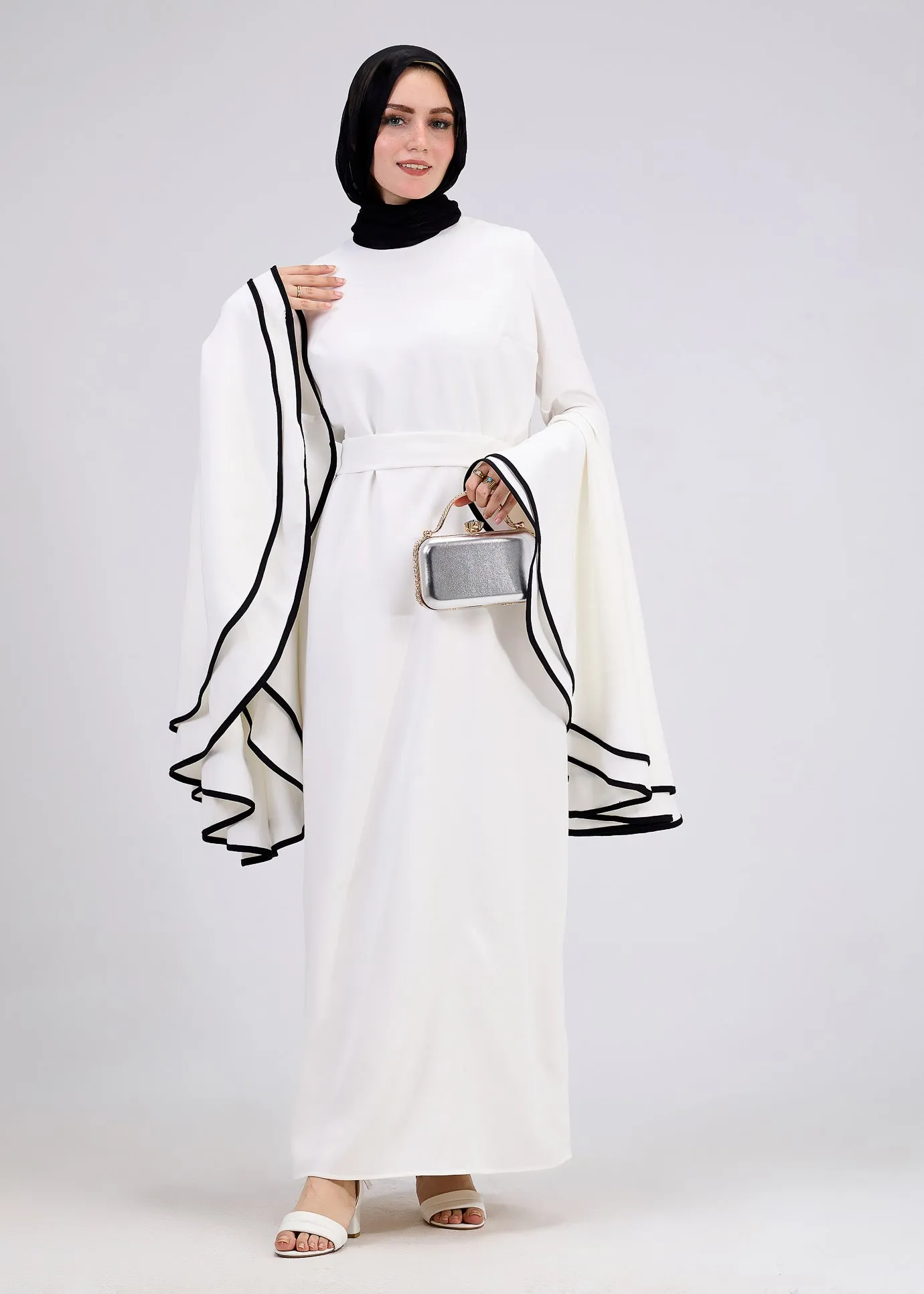 Wurood Elegant White Flared Sleeve Modest Dress with Black Trim